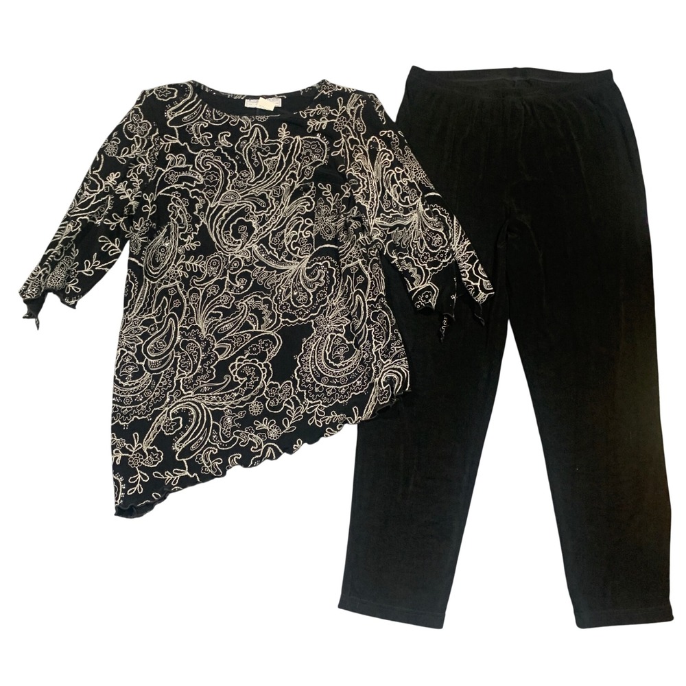 Jessica Howard Woman 2 Piece Pant Set Black White Paisley Glitter Sz 14 USA Made